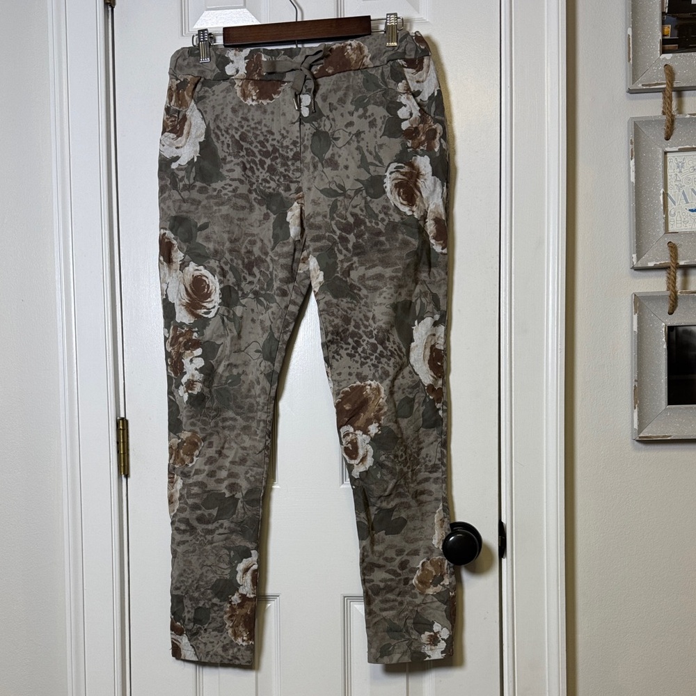 Made in Italy Floral Animal Print Stretch Pants Drawstring Waist Pockets S/M